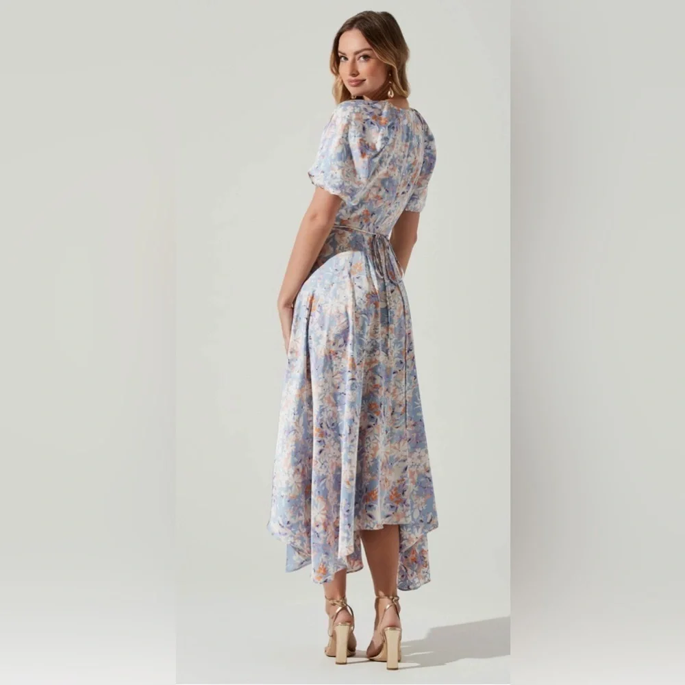 NWT ASTR Satin Floral Wrap Midi Dress XS Asymmetrical Sleeves Wedding Guest - Picture 9 of 16